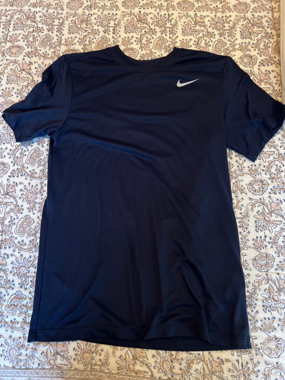 Nike Men's Navy Short Sleeve Dri-FIT Shirt with White Swoosh